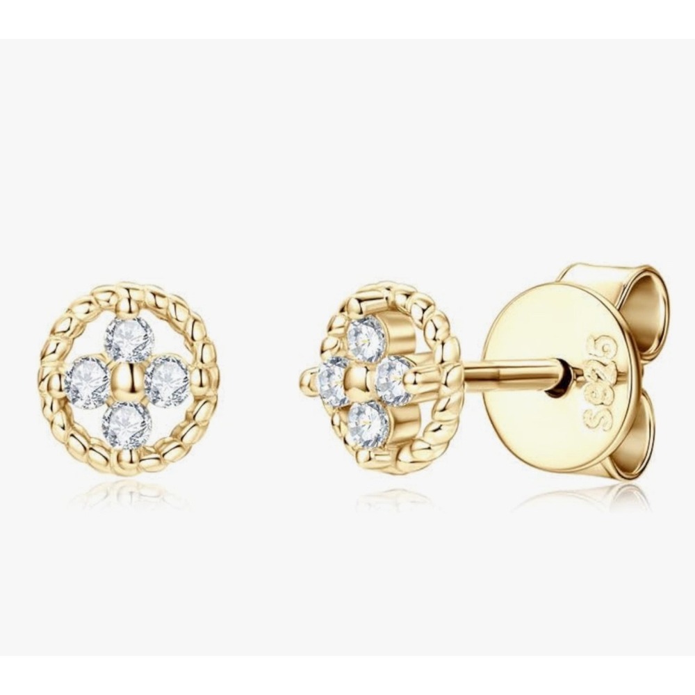 Diamond14k Gold Plated S925 Sterling Silver Clover Stud Earrings‎ Accent